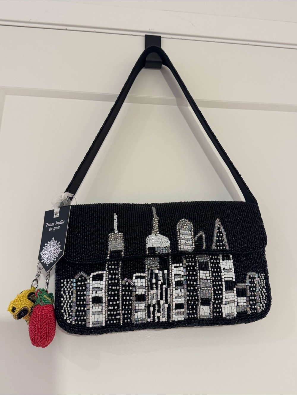 Hand Beaded NYC Skyline Shoulder Bag w/ Apple & Taxi Charms